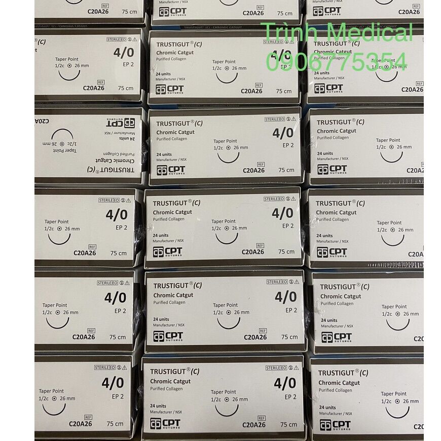 CHỈ PHẪU THUẬT TỰ TIÊU TAN CHẬM CPT TRUSTIGUT® (C) CHROMIC CATGUT số 4/0 - C20A26 (hộp 24 tép)