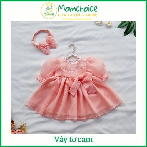 SP15 Váy Công Chúa Bé Gái [MOMCHOICE] Đầm Tơ Cam Cổ Ren Kèm Turban Nơ - Size Cho Bé Từ 3-28kg