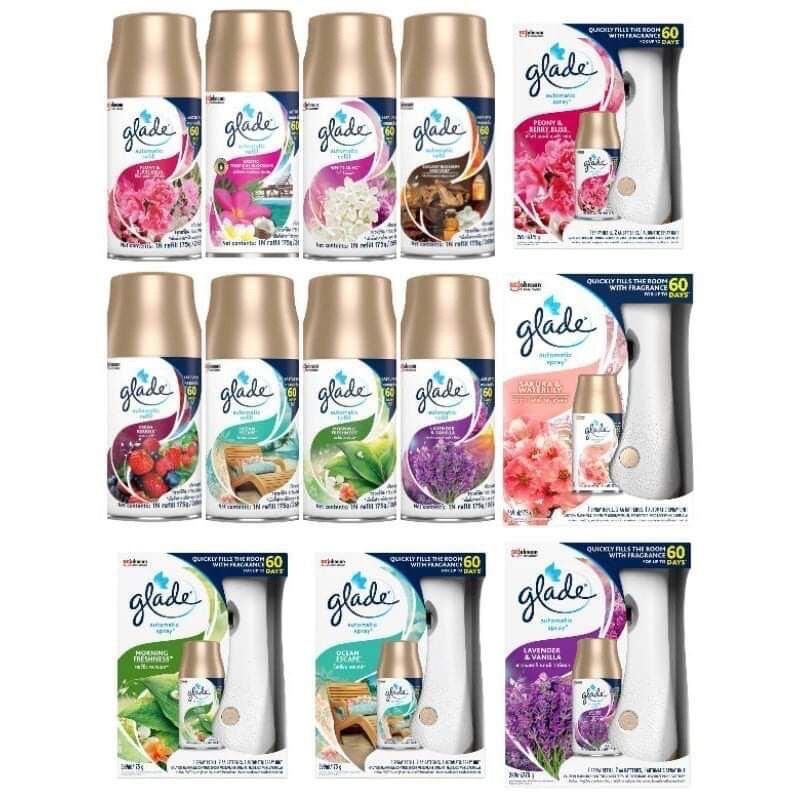 Máy xịt Thơm Phòng tự động Glade (New 252ml) Hương Hoa Anh Đào và lily, Hoa Mẫu Đơn, Biển Phiêu Bồng, li lắc, sớm mai