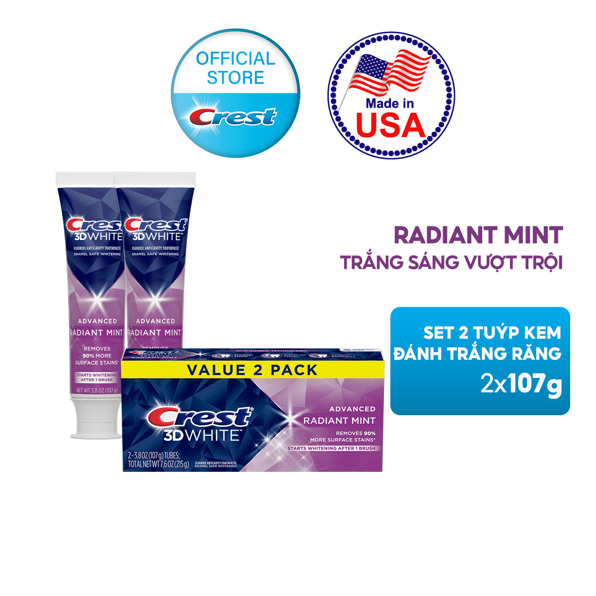 [MUA 1 TẶNG 1 QUÀ] Combo 2 Kem Đánh Răng CREST 3D White Radiant Mint 107g x2 - Nhập Khẩu Mỹ