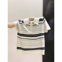 La Chapelle | Áo Blouse Mùa Hè Cổ Polo Tay Ngắn Sọc Màu Đan Dệt Kim Thoáng Khí Dành Cho Công Sở và Giải Trí