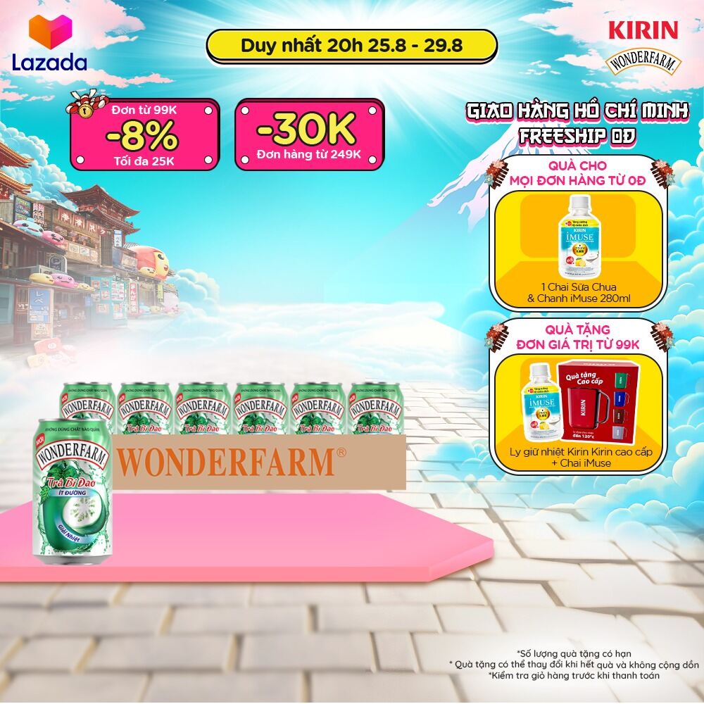 [duy nhất 20h 24-29.08 | đơn từ 99k tặng quà - giao hàng toàn quốc thùng 24 lon trà bí đao wonderfarm ít đường 310ml