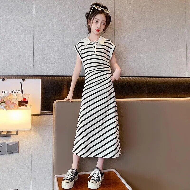 Đầm polo sọc sọc sành điệu Áo thun dài cho bé gái lớn Quần áo thông thường mùa hè cho trẻ em