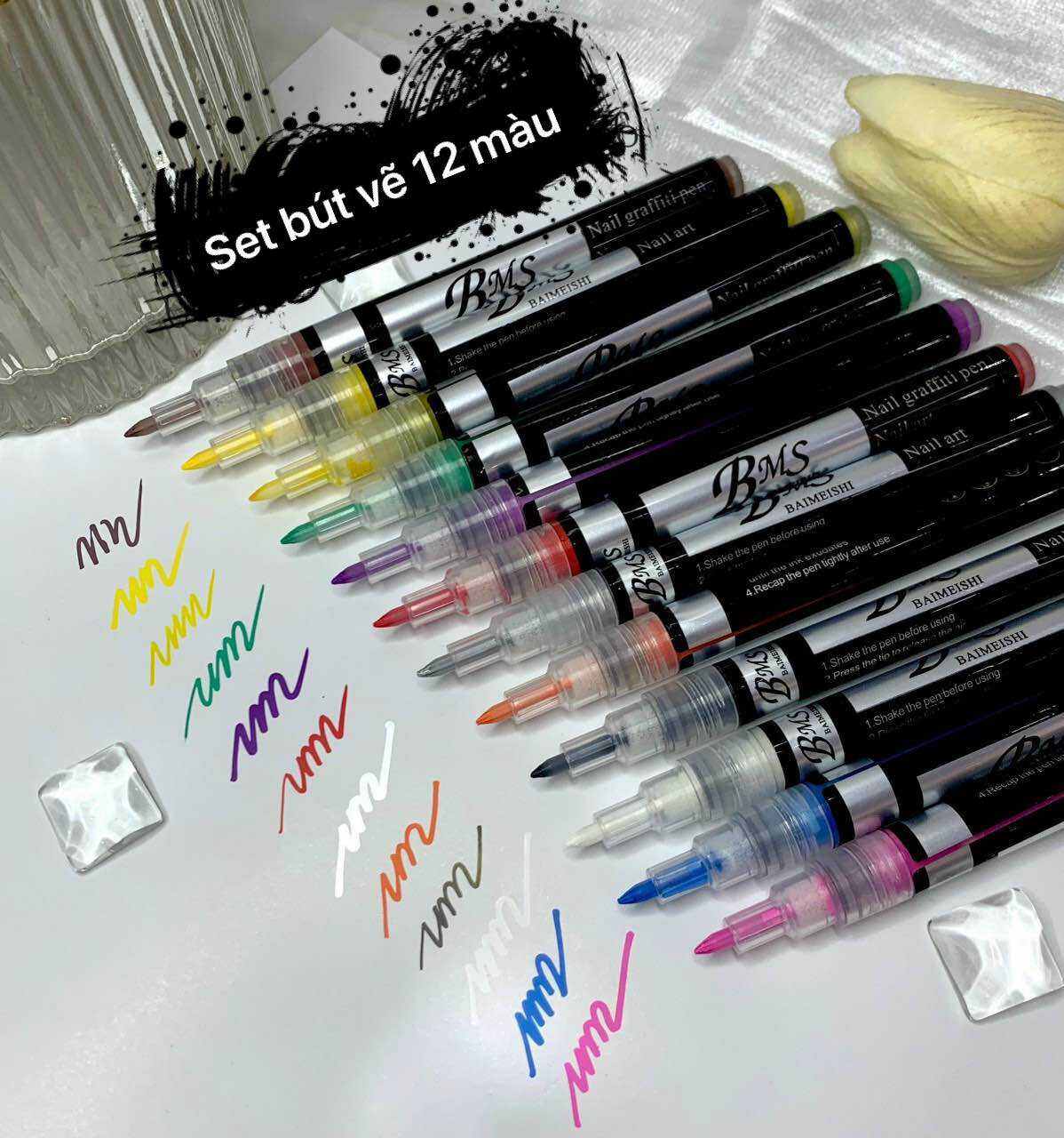 Set bút vẽ móng tay nail 12 màu ( bút vẽ nét mảnh nhanh khô )