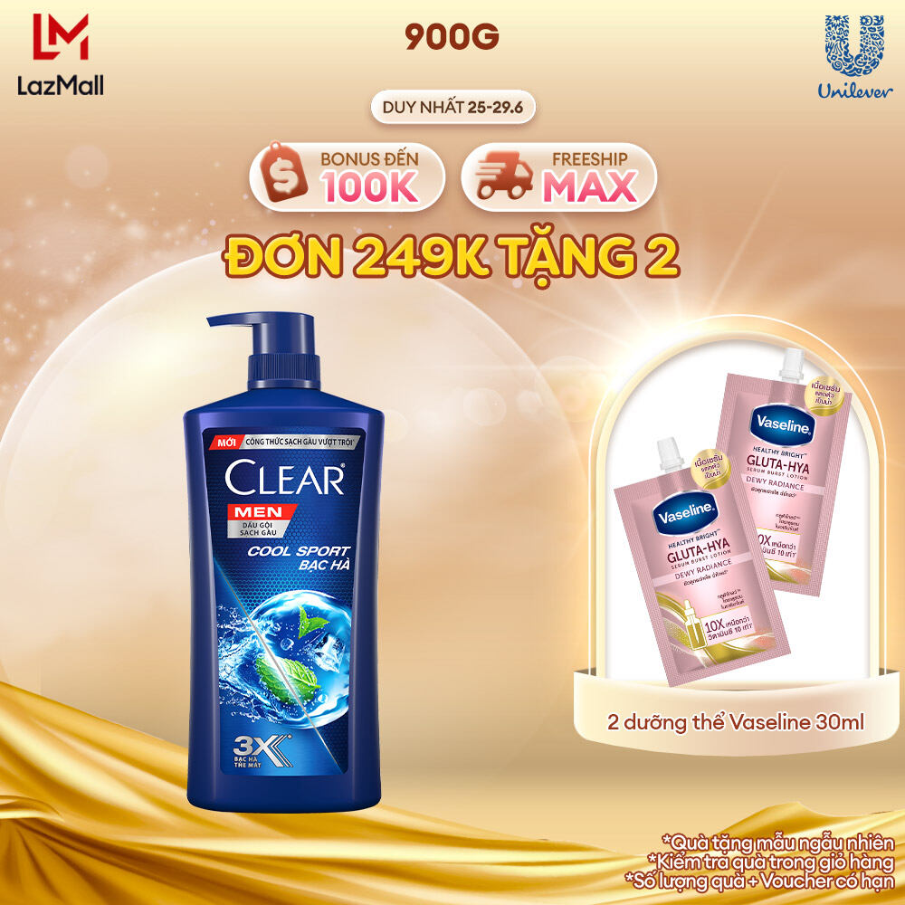 Dầu Gội Sạch Gàu Clear Men Cool Sport Bạc Hà Đánh Bay Gàu, Ngứa Và Vi Khuẩn Mát Lạnh Cực Đỉnh Suốt Ngày Dài 900g