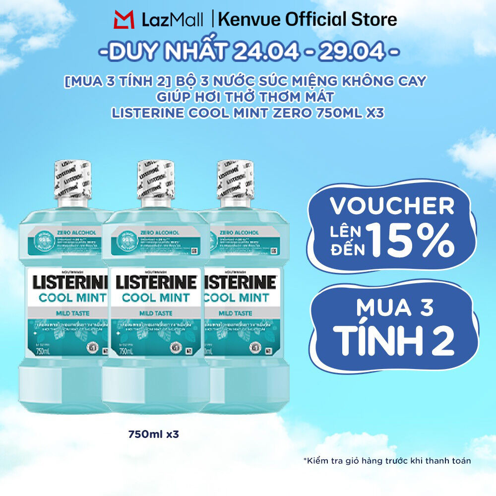 [Mua 3 tính 2] Combo 3 Chai Nước Súc Miệng Listerine Cool Mint Zero 750ml/chai