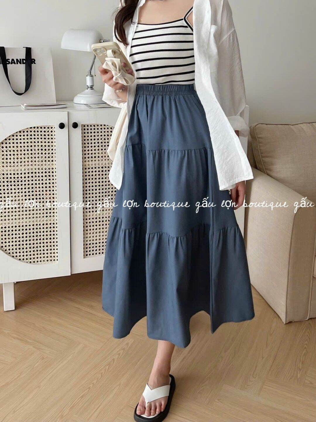 chân váy midi 3 tầng chất thô 2lớp hàn quốc