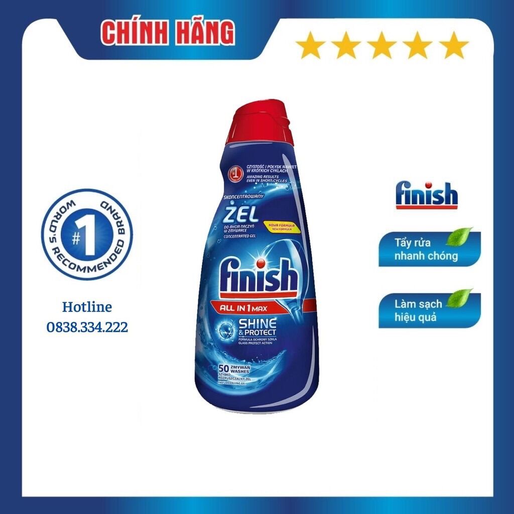 Gel rửa bát đậm đặc finish all in 1 max shine & protect - chai 650ml