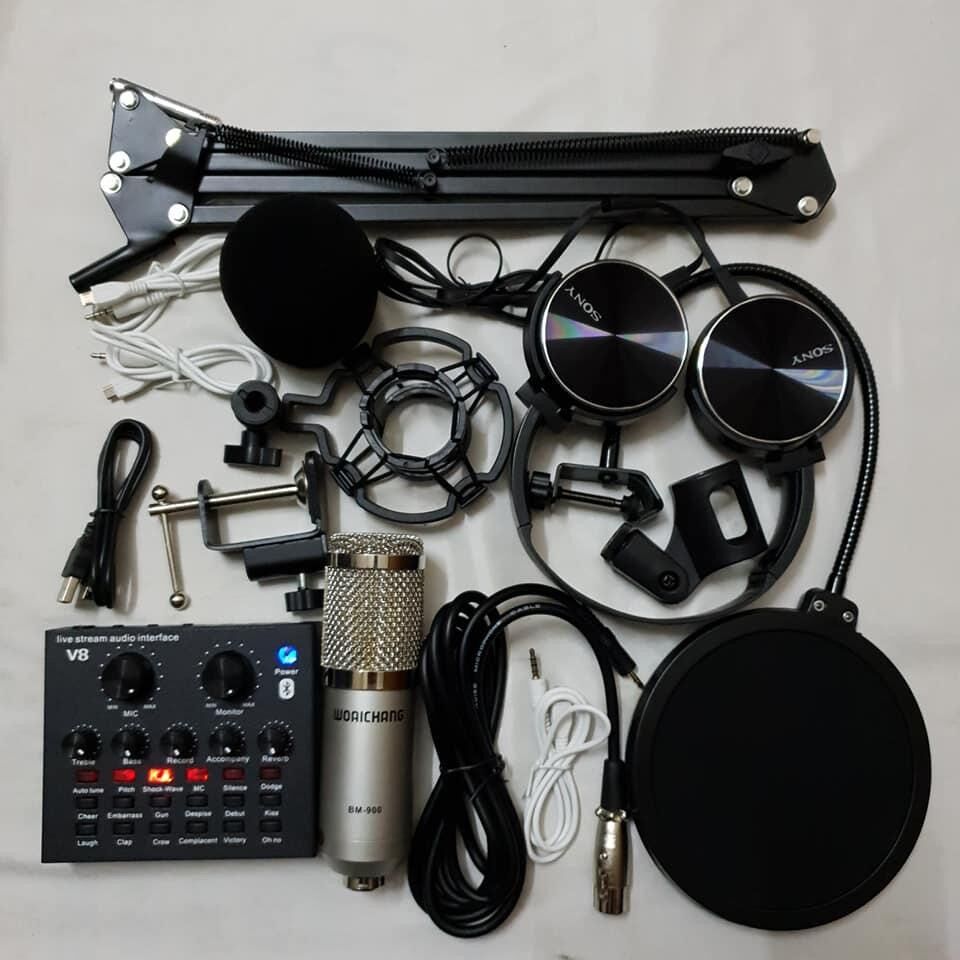 Chọn bộ hát thu âm karaoke micro bm900-sound card v8 tặng kèm tai ốp sn450 chân kẹp,màng lọc đây đủ
