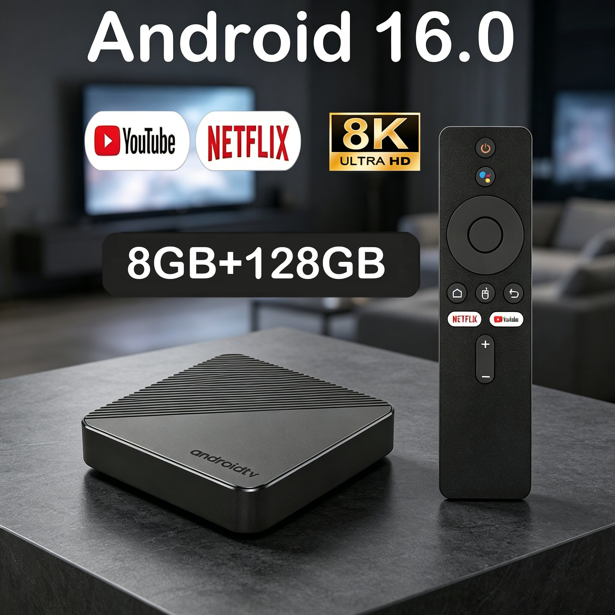 Hộp Giải Mã Truyền Hình Thông Minh Android 16 8K Ultra HD WiFi 6 Bluetooth 6.0 Tích Hợp Trợ Lý Giọng Nói Google, Chip Rockchip RK3518, Phát Trực Tuyến Nhanh, Bộ Nhớ 4GB/8GB RAM, 32GB/64GB/128GB