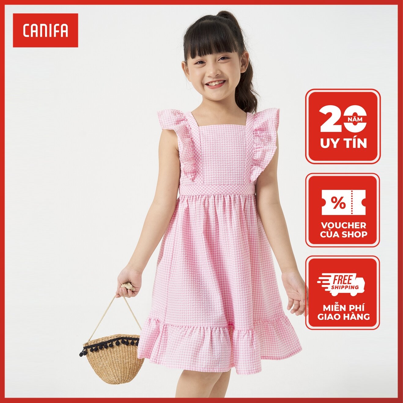 Váy liền bé gái hoạ tiết kẻ CANIFA chất liệu polyester pha, cổ vuông, tay cánh tiên 1DS22S040