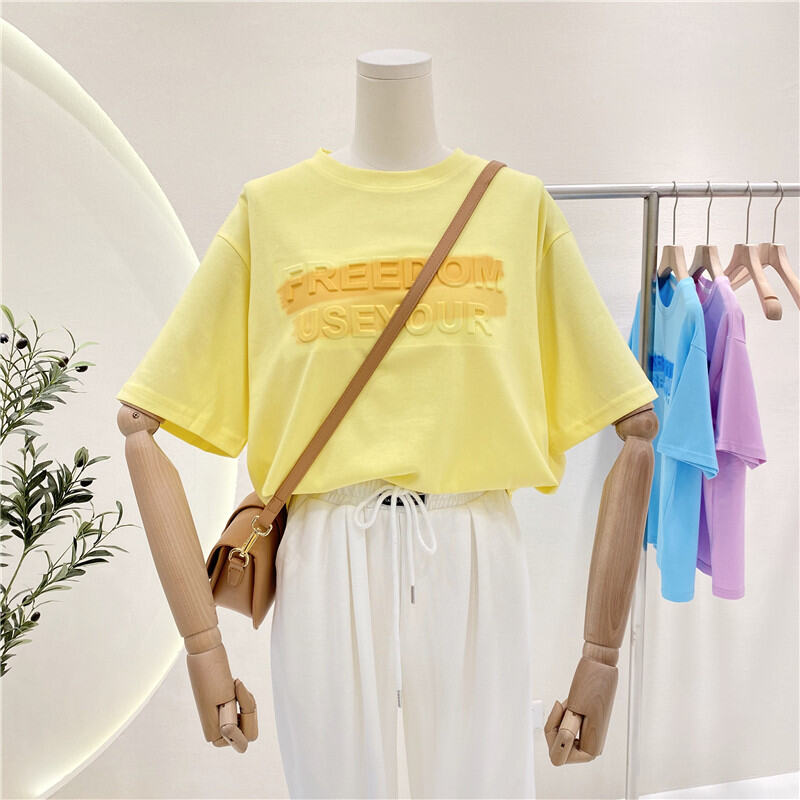 Áo Thun Nữ Tay Ngắn Dáng Rộng Thời Trang Mùa Hè 2021 Phong Cách Hàn Quốc in Chữ 3D Chất Liệu Polyester Trang Phục Công Sở Thường Ngày