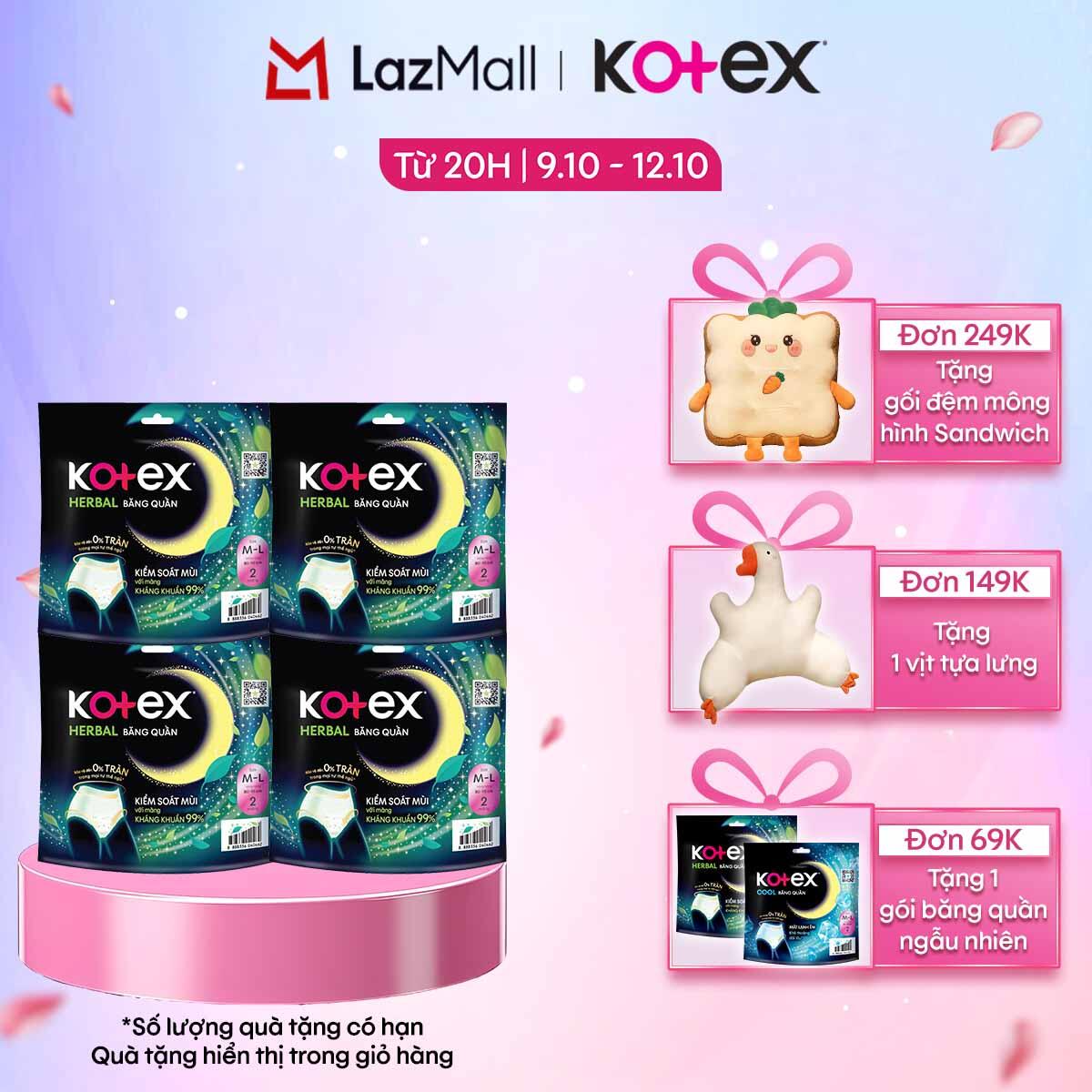 [CHỈ 20H 09-12/10 QT Đơn 69K/149K/249K]  Combo 4 BVS Kotex Ban Đêm Thảo Dược dạng quần cỡ M/L 2x4 miếng