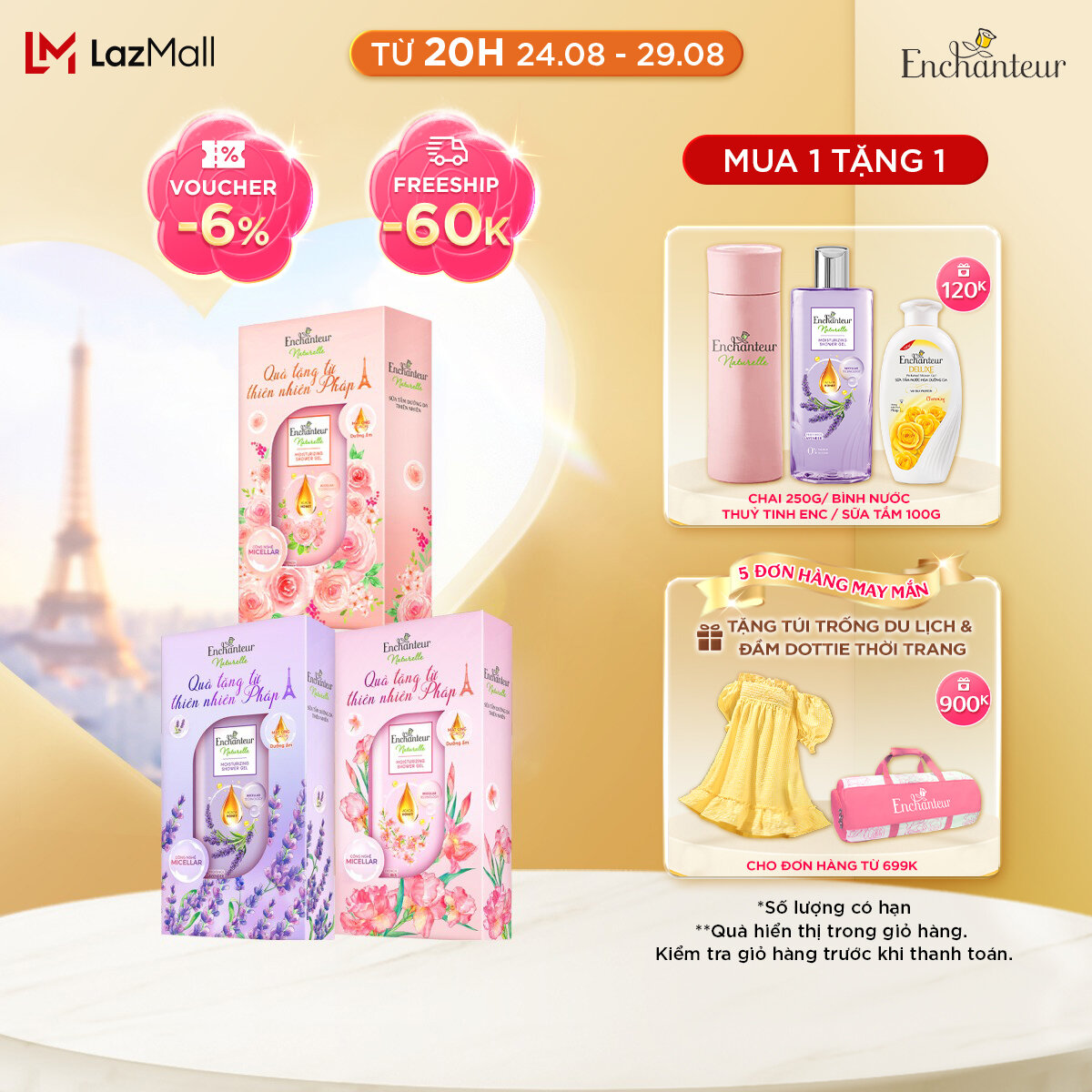 Hộp quà Sữa tắm dưỡng da thiên nhiên Enchanteur Naturelle hương Iris/ Lavender/ Rose 510g