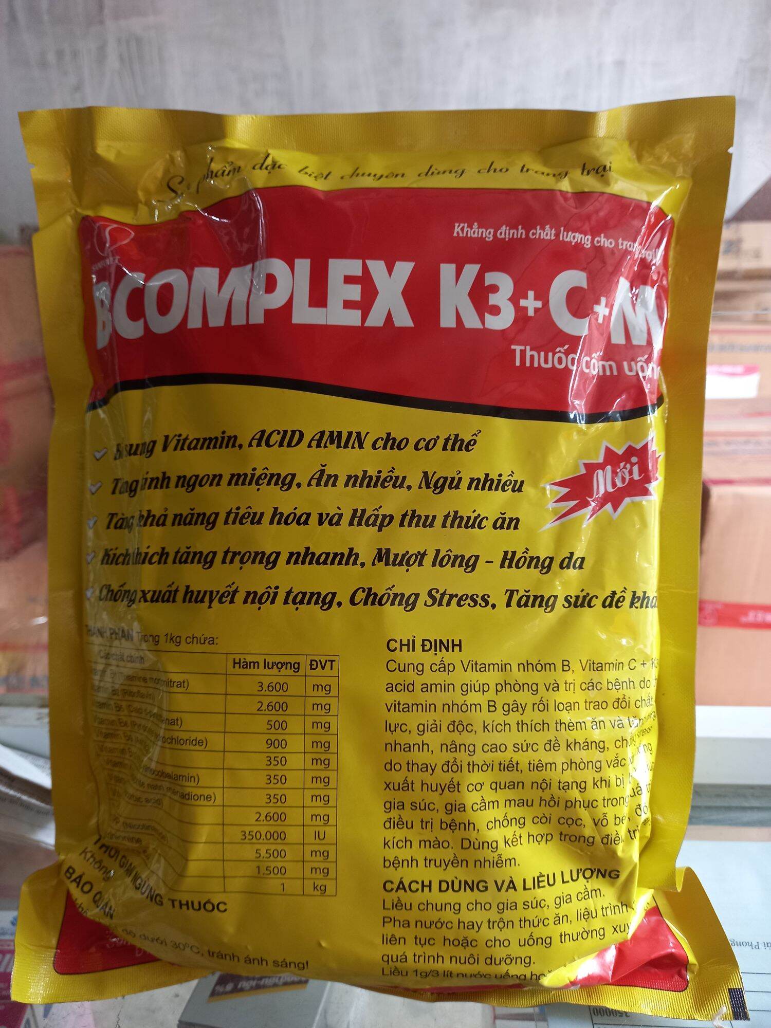 Bcomplex K3+C+M dạng cốm bổ siêu tan dùng cho gia súc, gia cầm