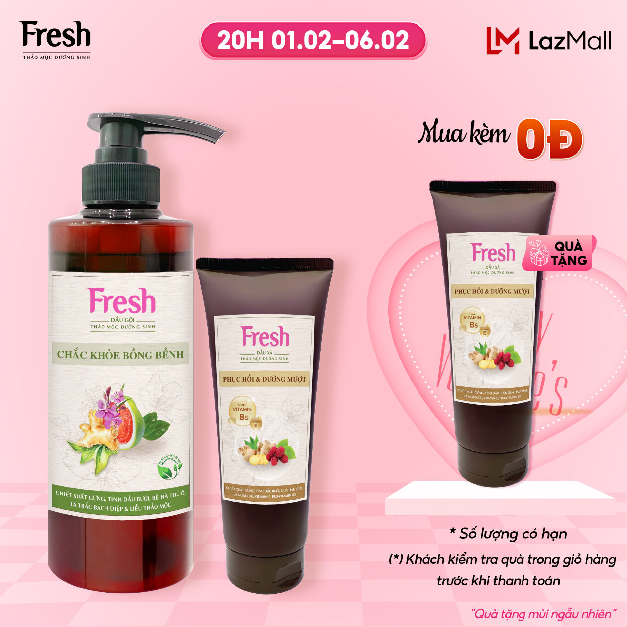 Combo Dầu gội + Dầu xả Fresh Thảo mộc dưỡng sinh Chắc khỏe bồng bềnh 480g + Phục hồi và Dưỡng mượt tóc hư tổn 180g