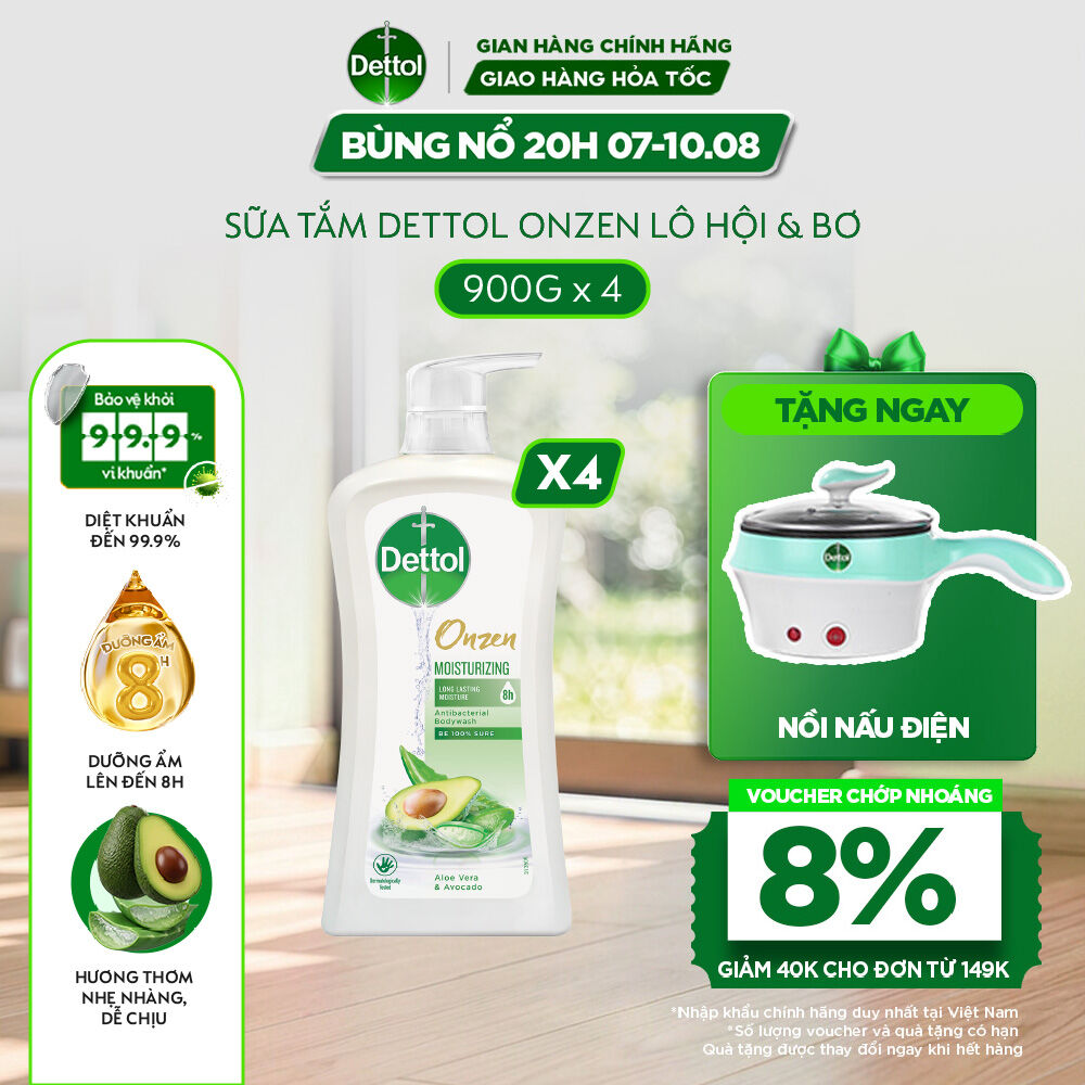 Combo 4 chai sữa tắm Dettol Onzen dưỡng ẩm Lô hội  Bơ 900g