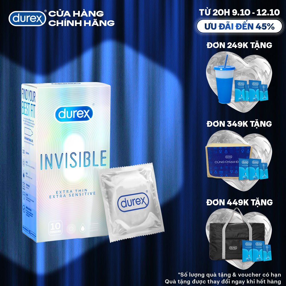 [TỪ 20H | 9-12.10 VOUCHER GIẢM THÊM 5%] Bao cao su Durex Invisible siêu mỏng, size 52mm, hộp 10 bao