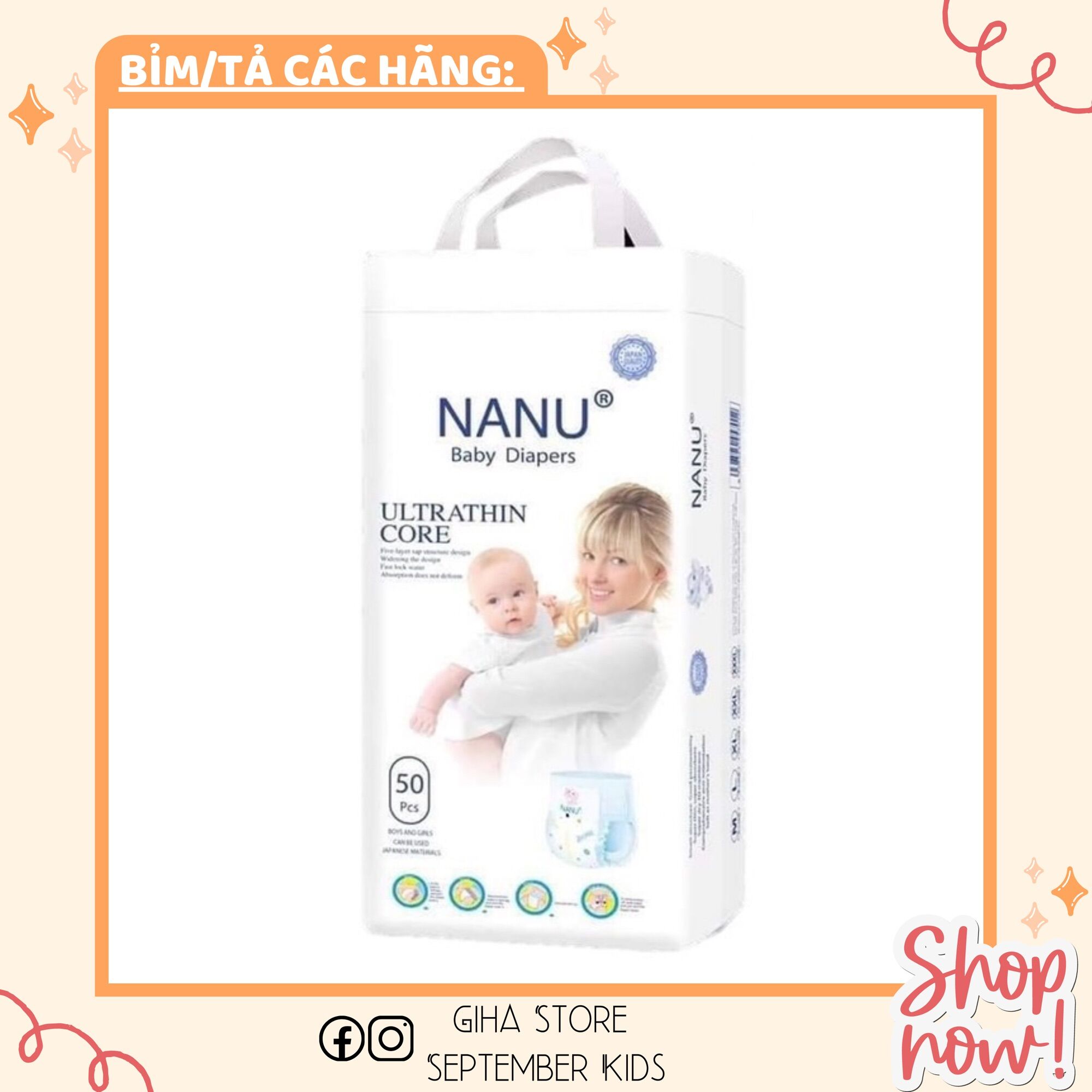 Bỉm/tả NANU BABY quần/dán đủ size M/L/XL/XXL/XXXL; 50 miếng/túi