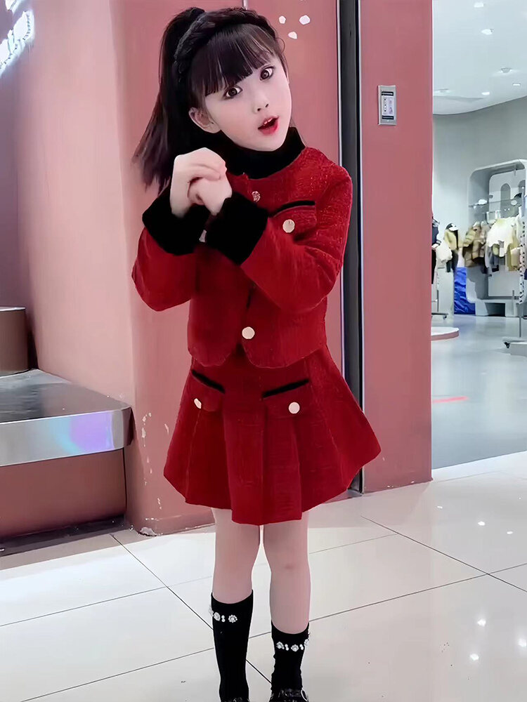 Bộ Đồ Hai Mảnh Dày Bằng Vải Cotton Phong Cách Nước Hoa Mới 2025 Cho Bé Gái Bộ Váy Xếp Ly Lót Lông Cừu Bộ Trang Phục Mùa Đông Cho Trẻ Em