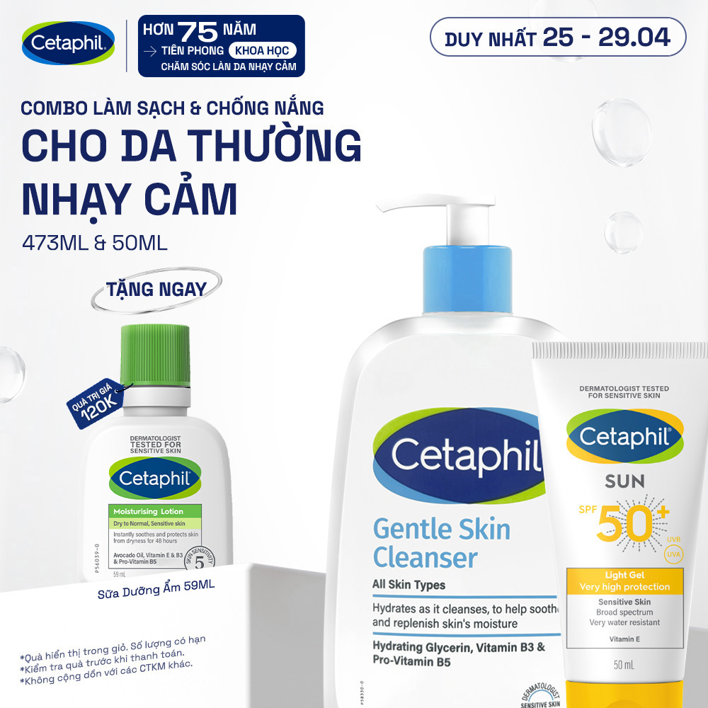 Combo Sữa rửa mặt CETAPHIL GENTLE SKIN CLEANSER 473ML + Gel chống nắng cho da nhạy cảm Cetaphil Sun SPF 50+ Light Gel