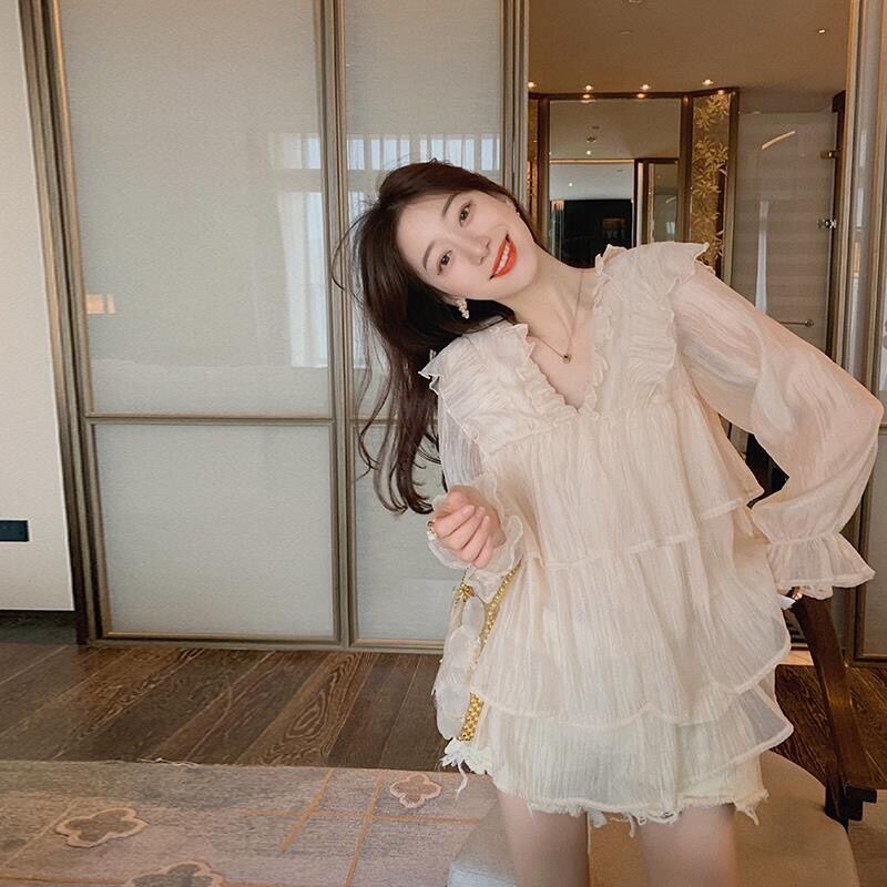 Áo chiffon bèo nhún nhiều tầng có ảnh thật chất voan tơ mềm cao cấp tay dài - Áo kiểu voan tơ mềm mịn bánh bèo hàn quốc