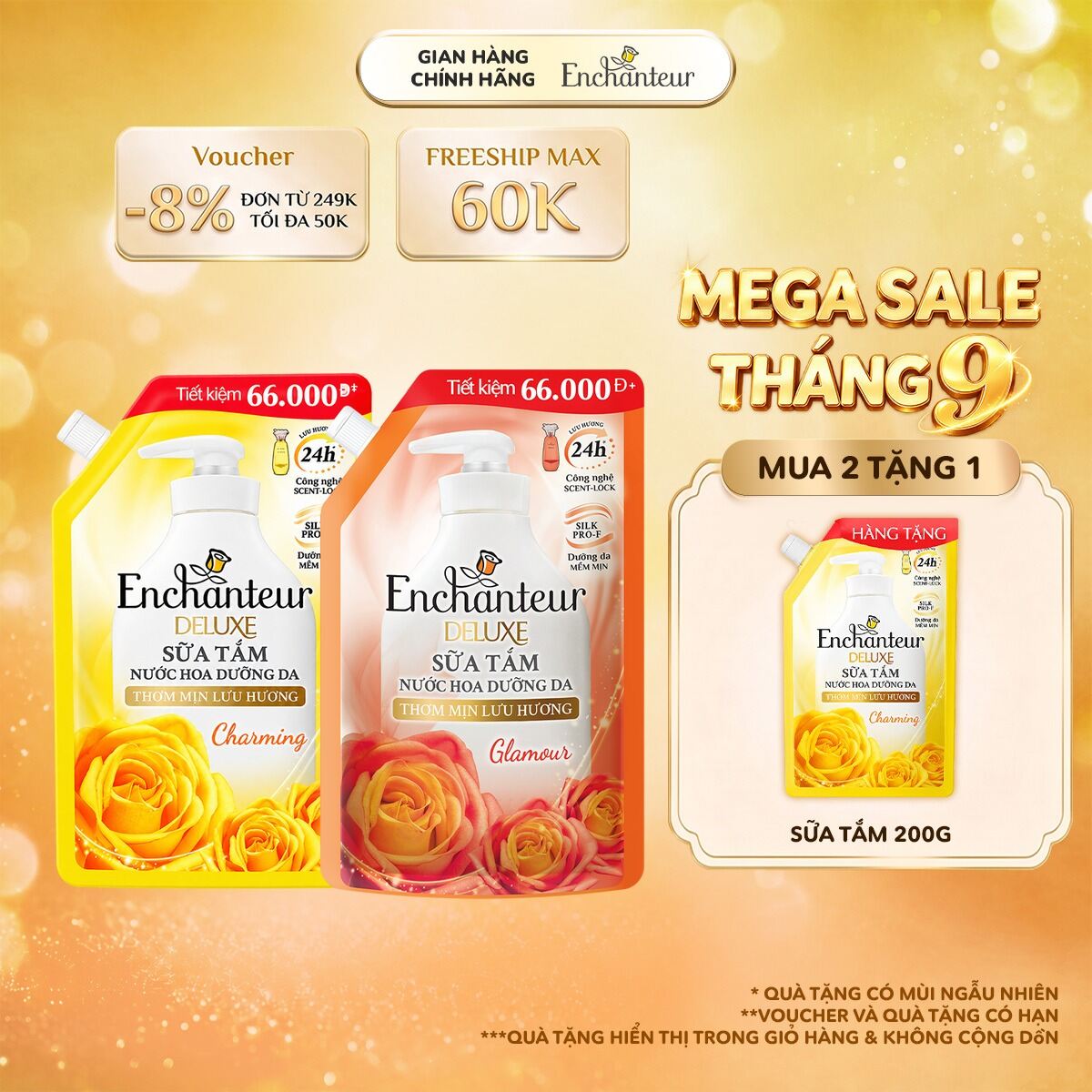 Combo 2 túi sữa tắm nước hoa dưỡng da Enchanteur hương Chamring/Glamour 640g tặng 1 túi sữa tắm Enchanteur 200g (Quà hiện giỏ hàng)