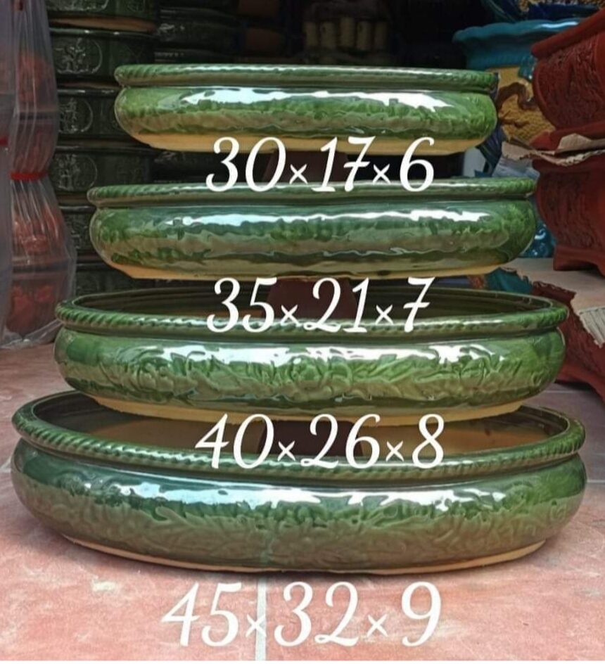 bộ 4 chậu ovan men xanh Bát Tràng