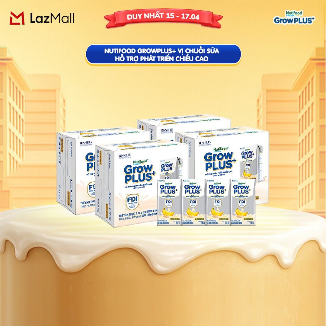 Combo 4 Thùng 24 hộp Sữa bột pha sẵn Nutifood GrowPLUS+ Vị Chuối Sữa hộp 110ml - Hỗ trợ phát triển chiều cao
