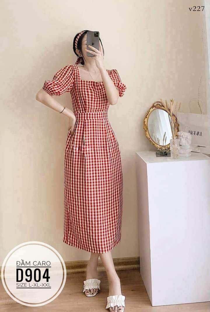Bigsize Đầm Caro Cổ Vuông