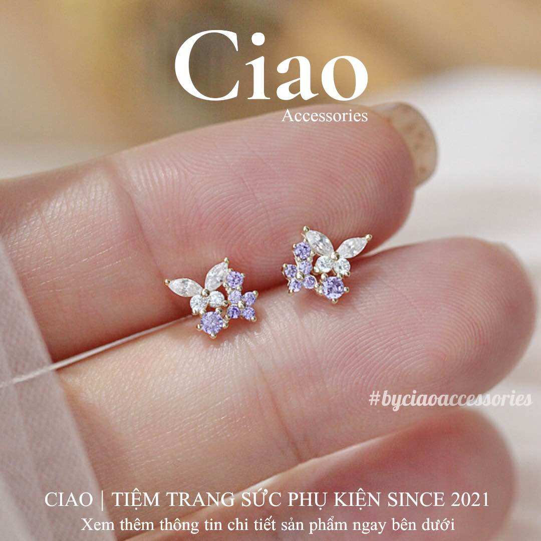 Khuyên tai, bông tai mạ bạc S925 hoạ tiết đính đá tinh tế Juhi Tiny Ciao