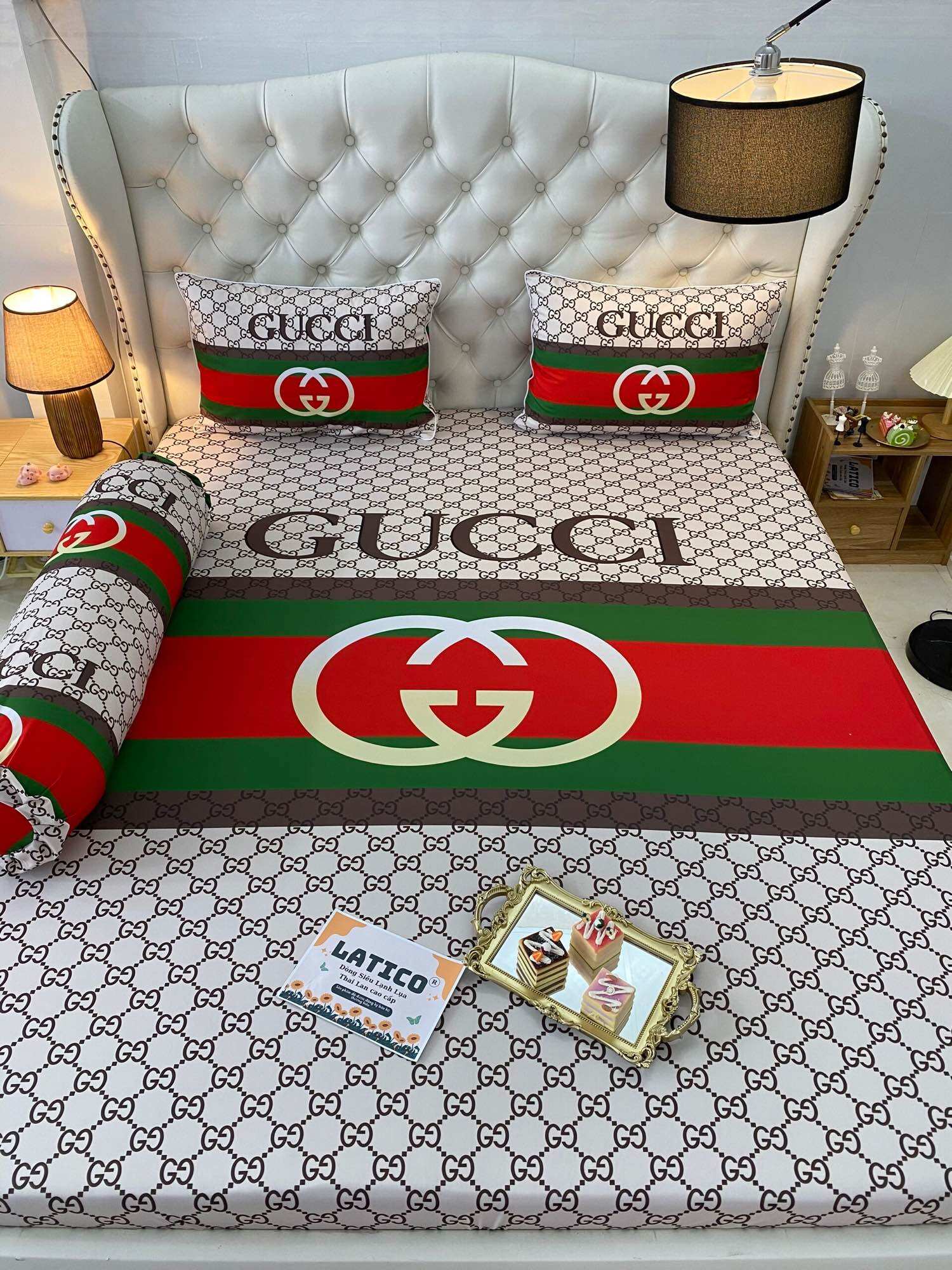 Bộ 4 món drap/ga trải nệm áo gối Thun Lụa siêu lạnh thái Latico mẫu chữ Gucci