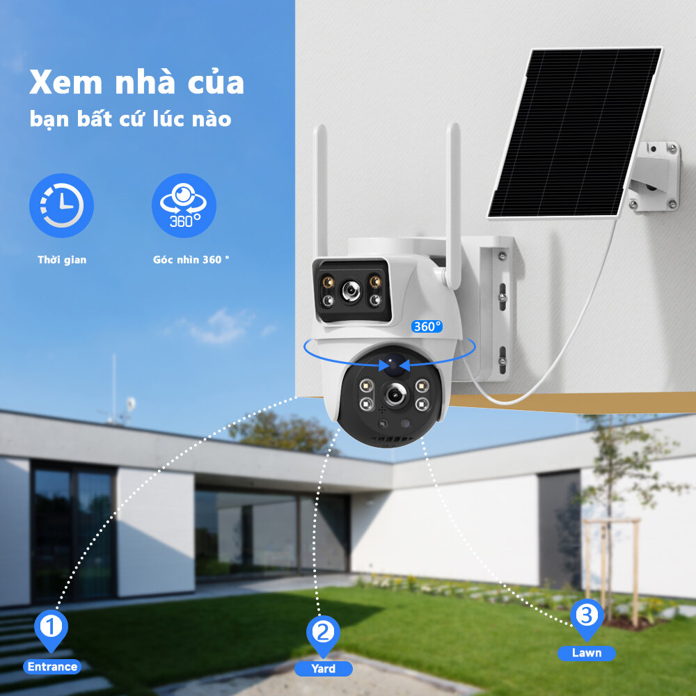 Outdoor 4Mp WIFI Solar Security Camera BP9 With Dual Lens Dual Screen,10X Zoom HD, 360 Degree PTZ, AI Humanoid Detection, Motion  Tracking,Intelligent Light And Sound Alarm, Full Color Night Vision, Infrared ,Multi User Sharing,Two-Way Audio, App Message