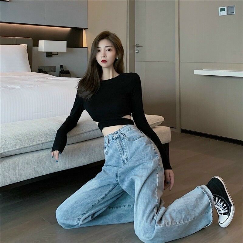 ÁO CROPTOP KHOÉT EO TAY DÀI THUN BORIP
