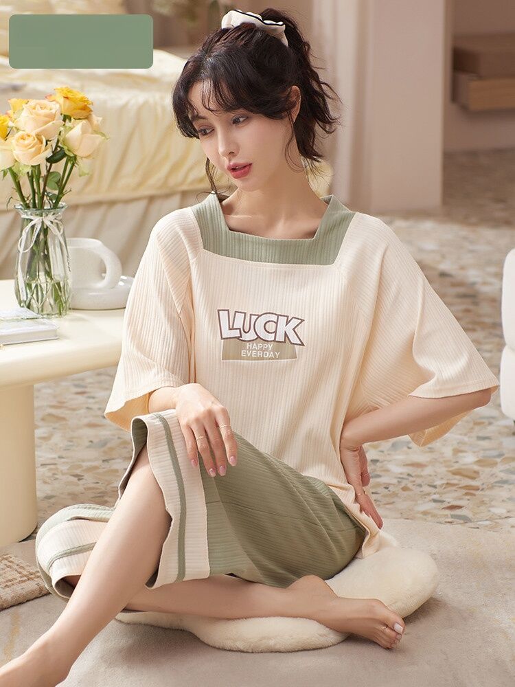 Bộ Đồ Ngủ Cotton Mùa Hè Fenteng Care Dành Cho Nữ Bộ Đồ Ngủ Cotton Tay Ngắn Quần Dài Đến Đầu Gối Mỏng Phong Cách Hàn Quốc Cỡ Lớn