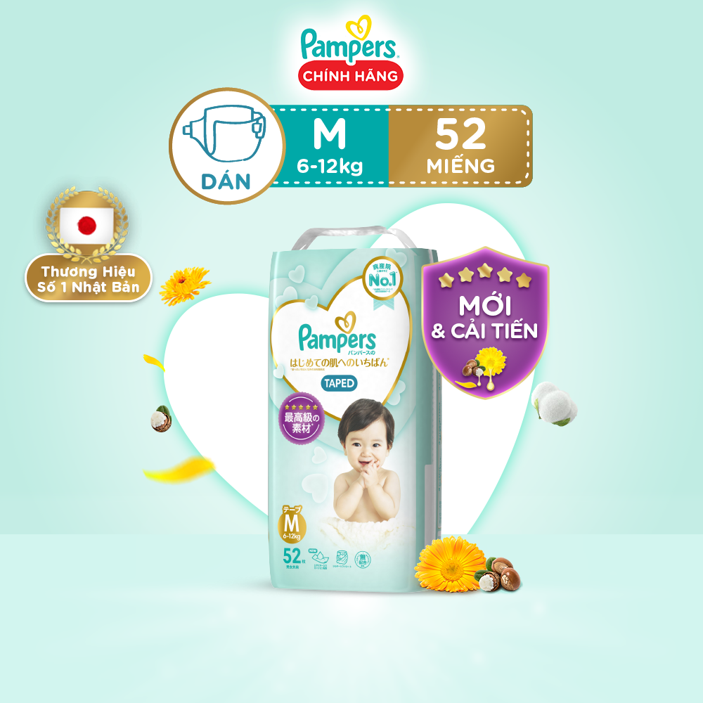 Tã/ Bỉm Dán PAMPERS Nhật Thượng Hạng Size M (52 miếng 6-12kg) Siêu Mềm Mịn & Thoáng Khí