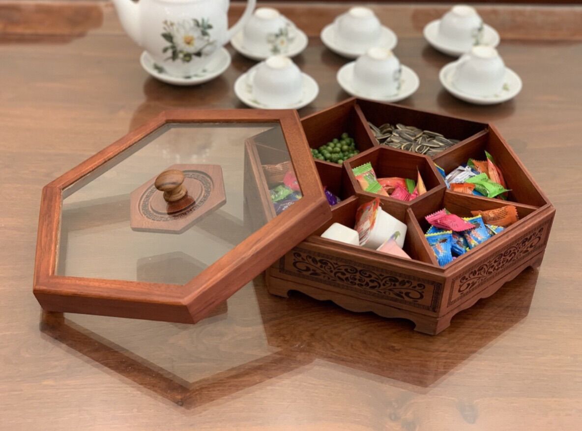 Hộp đựng mứt, bánh kẹo tết..Khay đựng mứt,khay bánh kẹo tết mặt kính - gỗ hương cao cấp