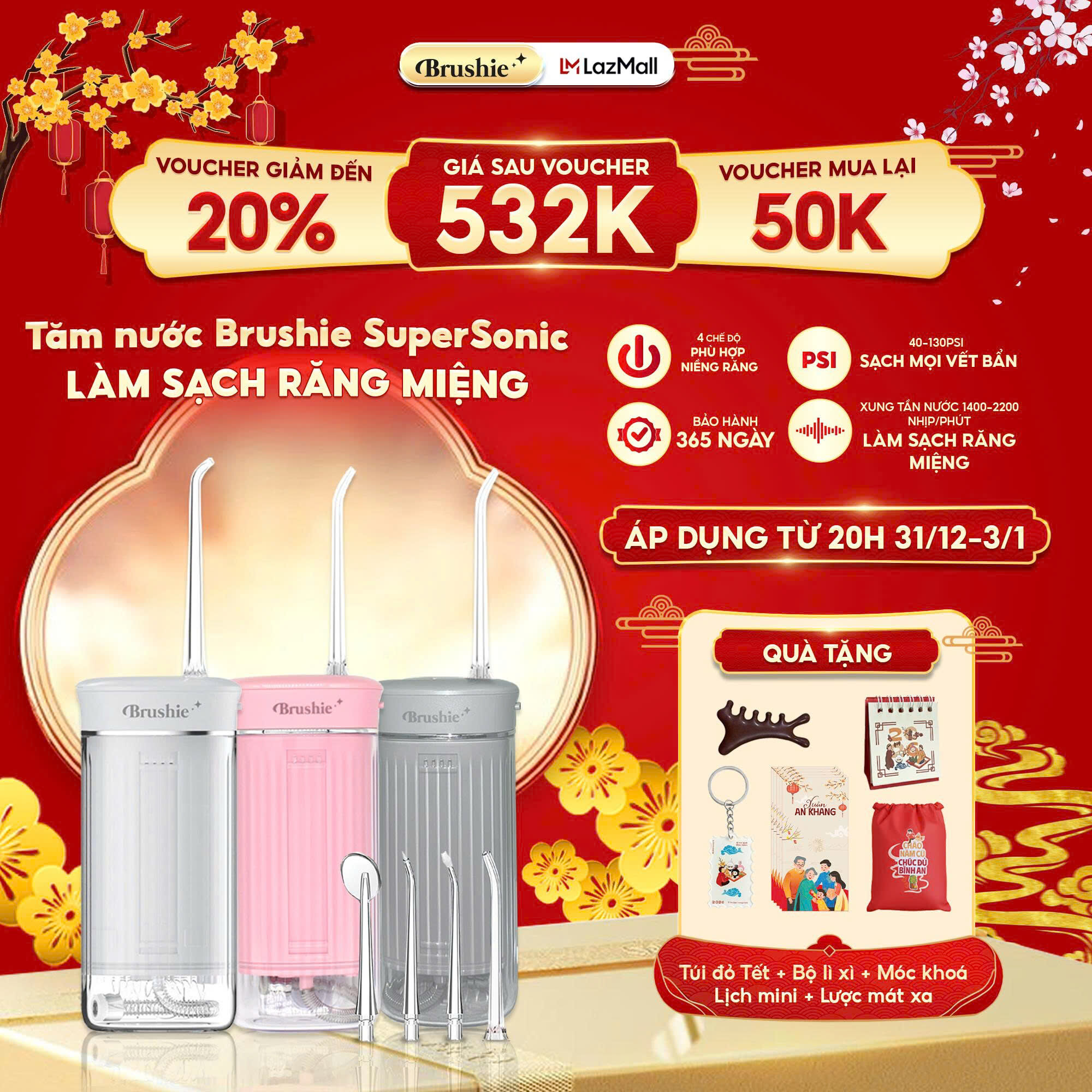  Tăm nước cầm tay Brushie Super Sonic mini máy tăm nước gấp gọn cải tiến phù hợp cho răng nướu nhạy cảm - Hàng chính hãng 