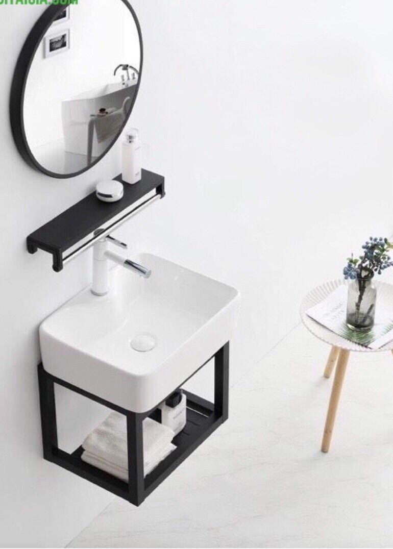 Set lavabo vuông nổi 4 món( gương, kệ kinh, lavabo nổi, khung chân đỡ)