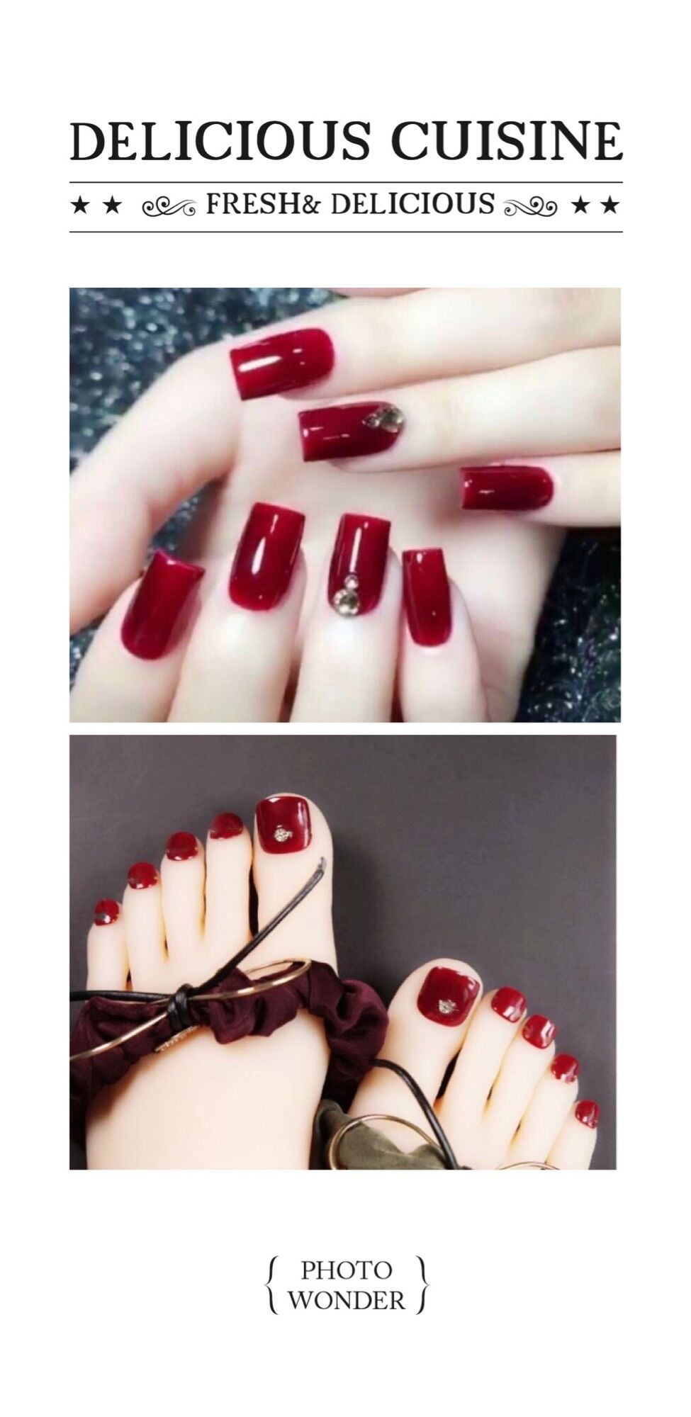 Combo Móng Tay Và Chân Màu Đỏ/Đô Đính Đá Tặng Keo Dán