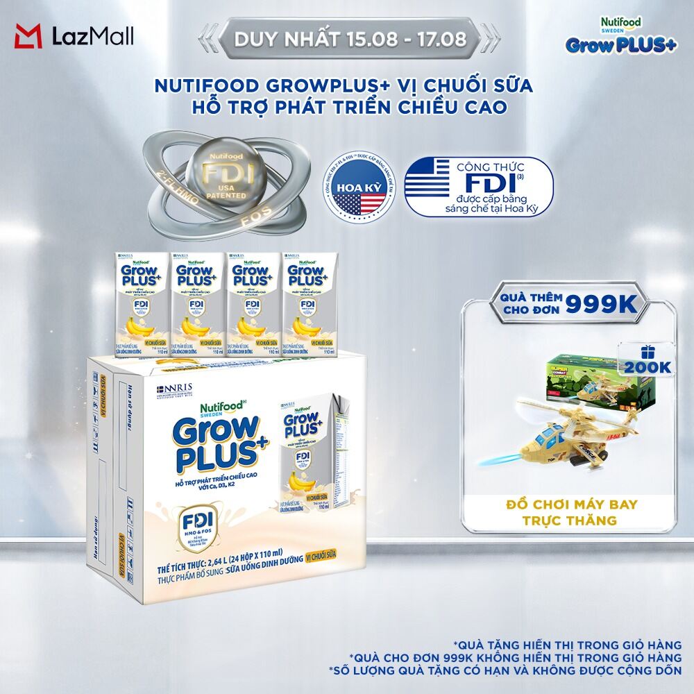 Thùng 24 hộp Sữa bột pha sẵn Nutifood Sweden GrowPLUS+ Vị Chuối Sữa hộp 110ml - Hỗ trợ phát triển chiều cao - (24 hộp x 110ml)