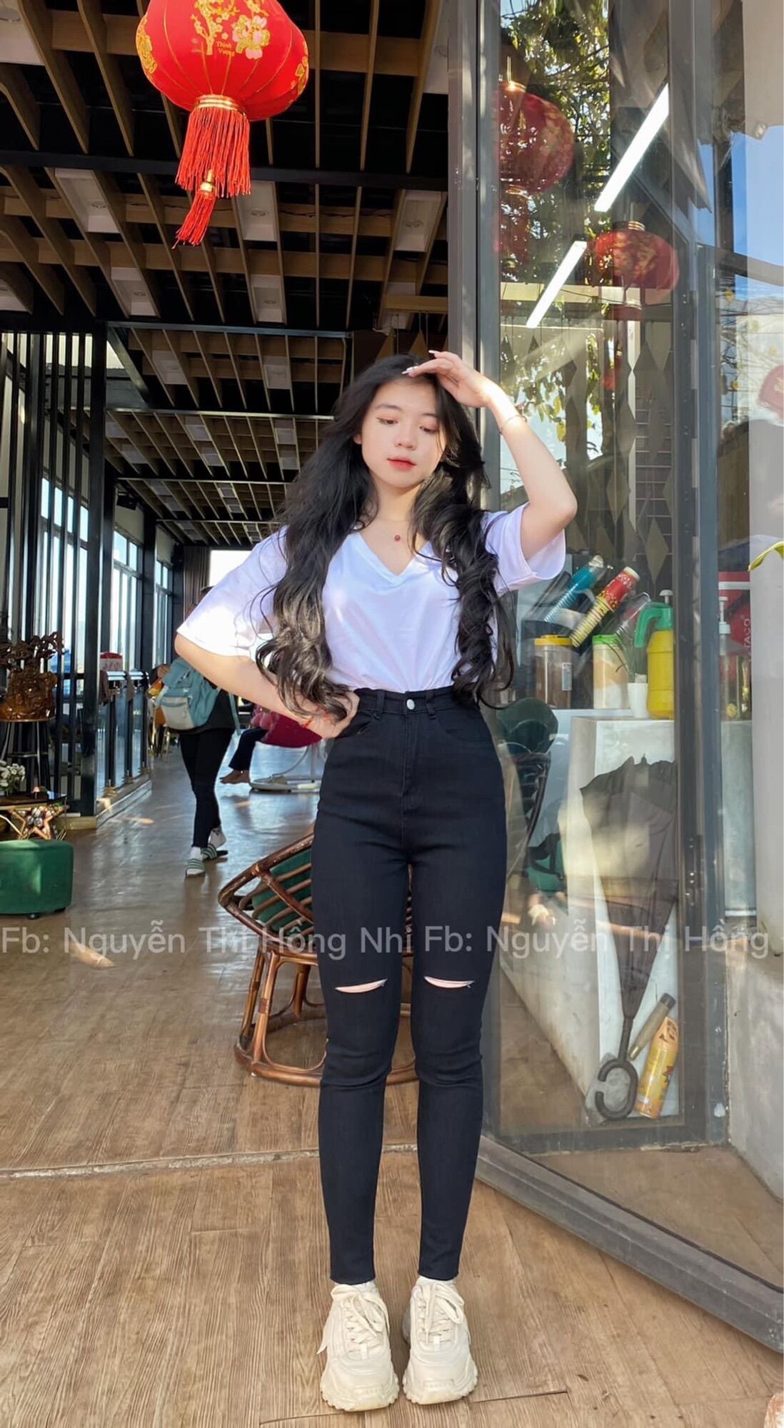 Set Jeans dài co giãn trơn TL + Tshirt cổ tim