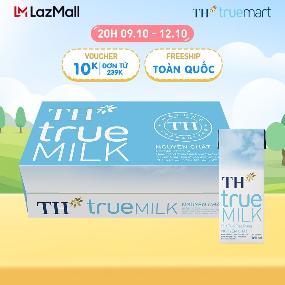 Thùng 48 hộp sữa tươi tiệt trùng TH true MILK nguyên chất 180 ml (180 ml x 48)