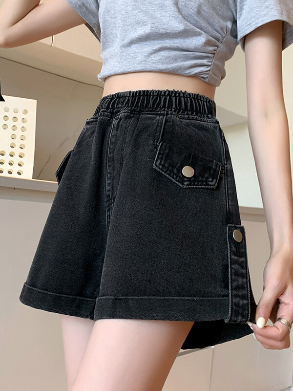 Màu Đen Denim Quần Short, Quần Đùi Nữ Kích Thước Lớn Mới Rộng Rãi Cao Vòng Eo Slim Dáng Chữ A Ống Rộng Hotne8> Tay Cầm Thời Trang Mùa Hè Có Viền Loe Jiumu