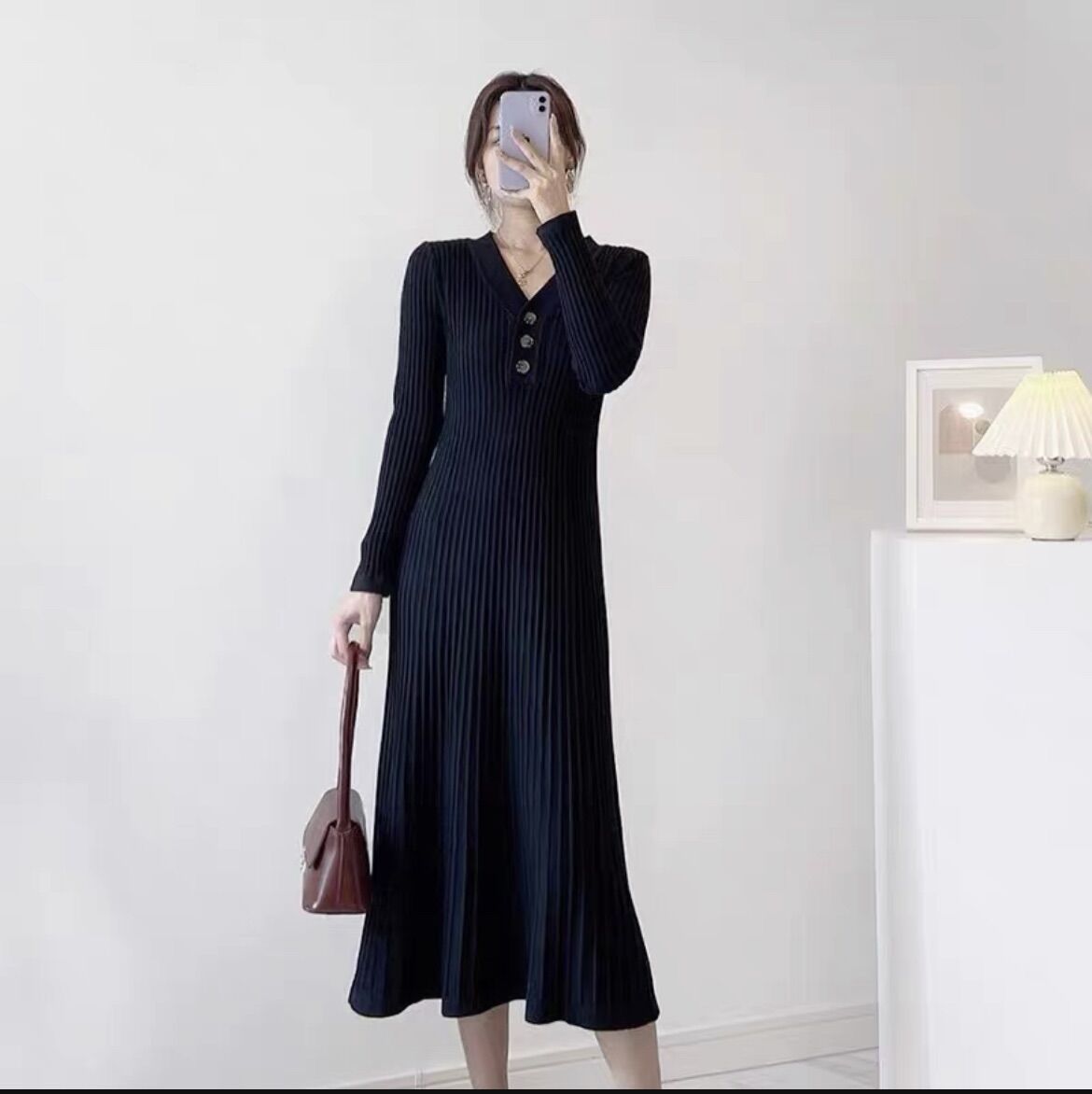 Váy len dáng dài cổ chữ V eo thon cao cấp