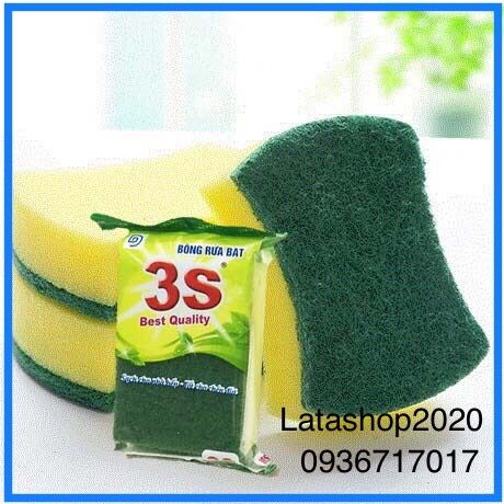 Miếng cọ rửa chén bát, bọt biển xanh vàng, mút xốp 2 mặt đa năng tiện dụng 3S
