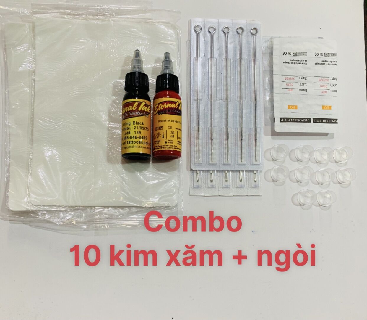 Combo 10 kim xăm + ngòi + 2 mực xăm + 2 da tập xăm
