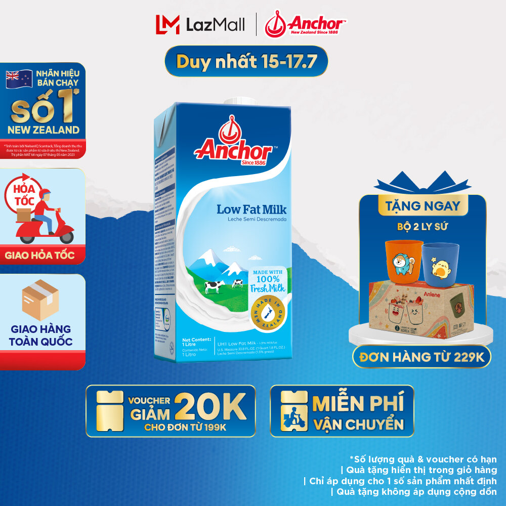 [GIAO HÀNG HỎA TỐC - HCM] Sữa Tươi Tiệt Trùng Anchor Ít Béo Hộp 1 Lít