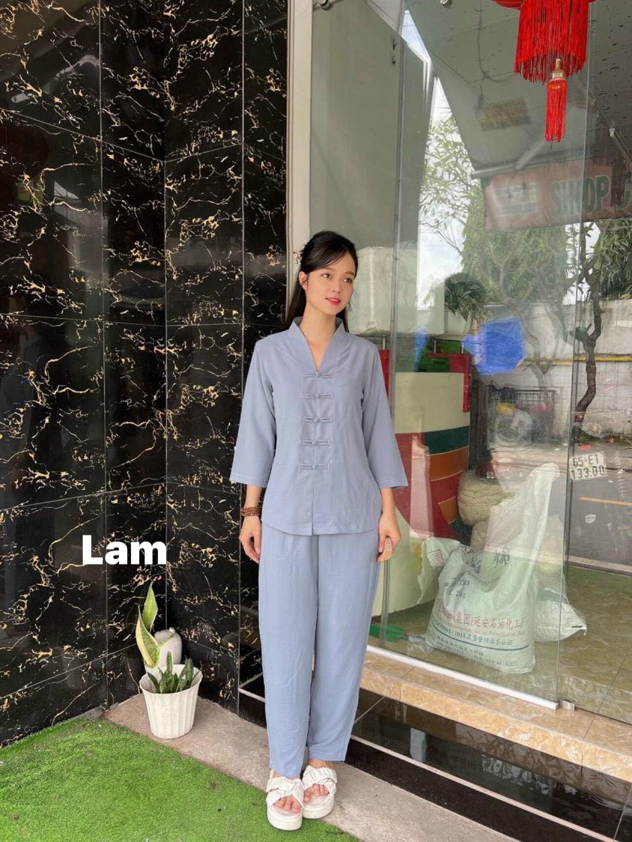 Đồ Lam Đi Chùa _ Mẫu Bà Lai Nút thắt ( Chất vãi đũi có độ co giãn nhẹ )