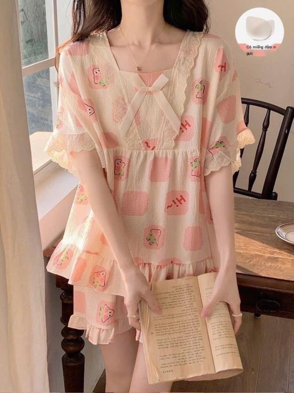Sét bộ đùi pyjama gân ren nơ phối bèo